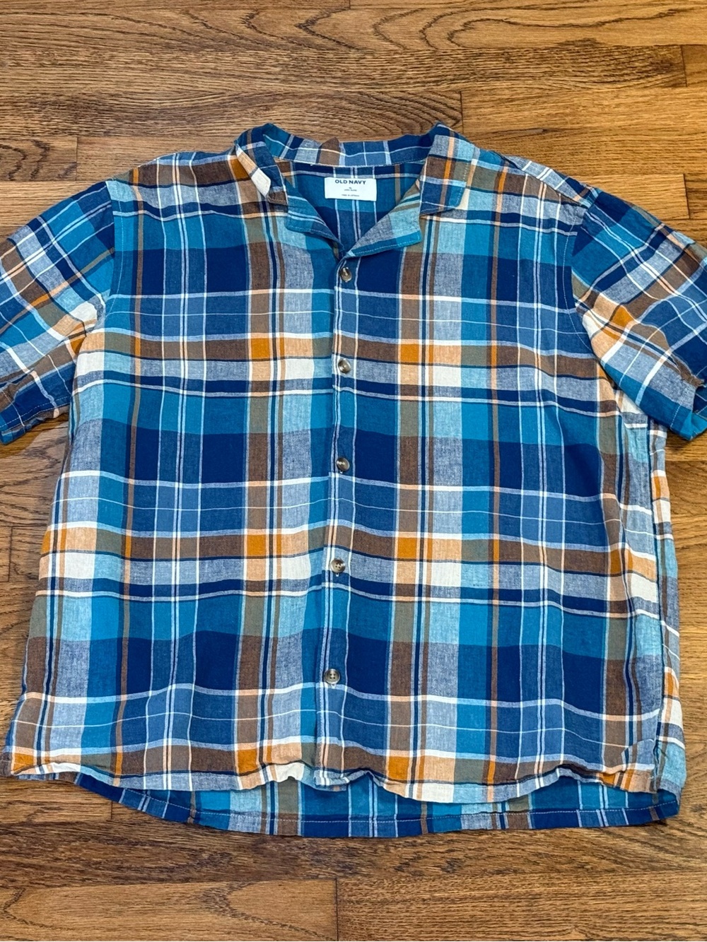 Old Navy Men’s XL Linen Blend Plaid Short Sleeve Button Up Shirt Blue Brown
